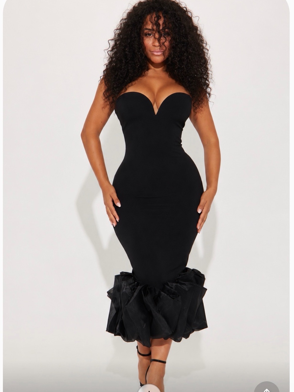 Women's Black Strapless Mermaid Midi Ruffle Hem Bodycon Cocktail Evening Dress - Picture 1 of 6
